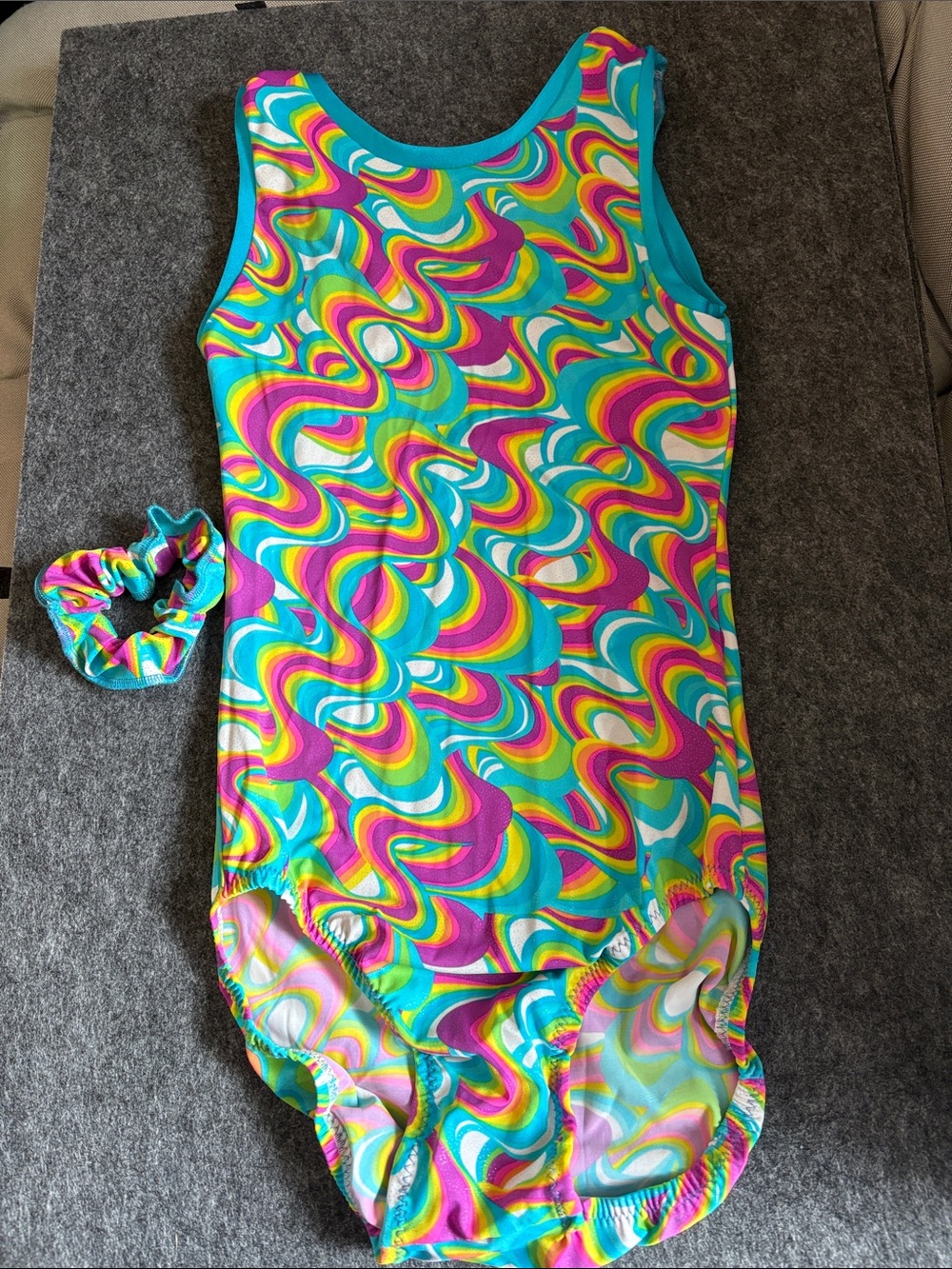 Girls Multicolor Swirl Gymnastics Suit with Scrunchie -Turquoise Accents